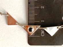 Load image into Gallery viewer, height of Sterling silver bezel set blue sapphire; 3 triangles necklace
